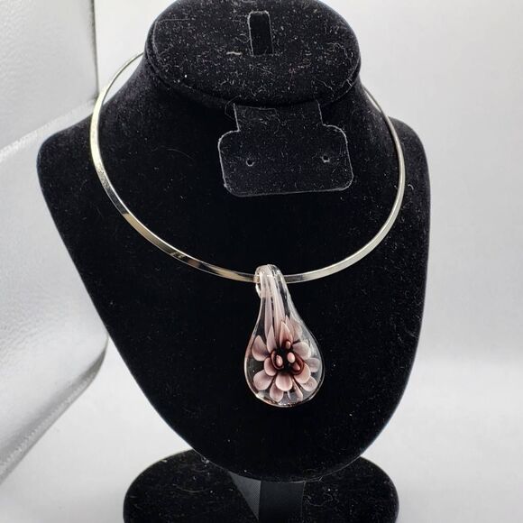 Artisan Made Handblown Glass Flower Pendant Necklace - Picture 3 of 4